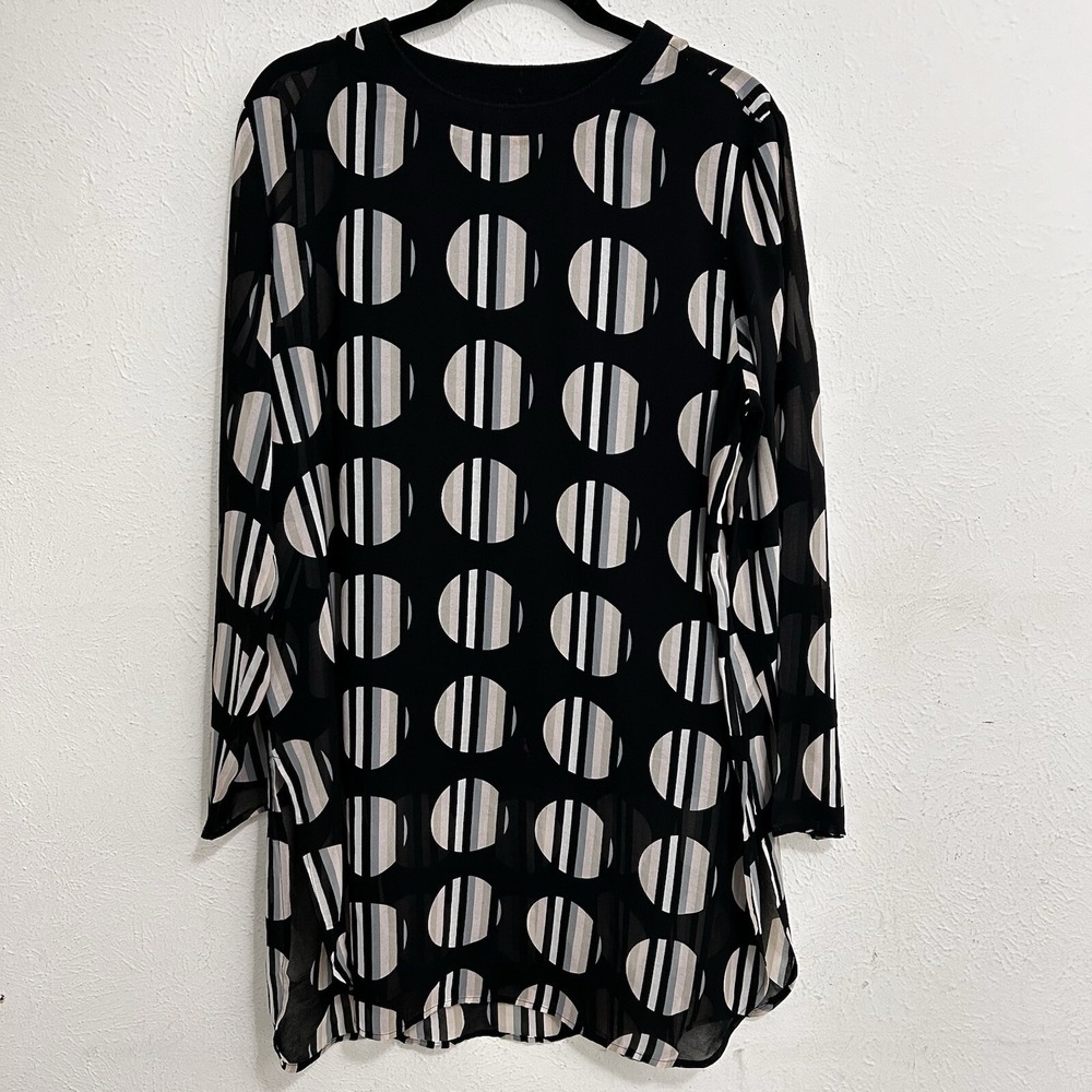 Calvin Klein Geometric Print‎ Tunic Top Blouse Sz XL Chiffon Layered Black Multi